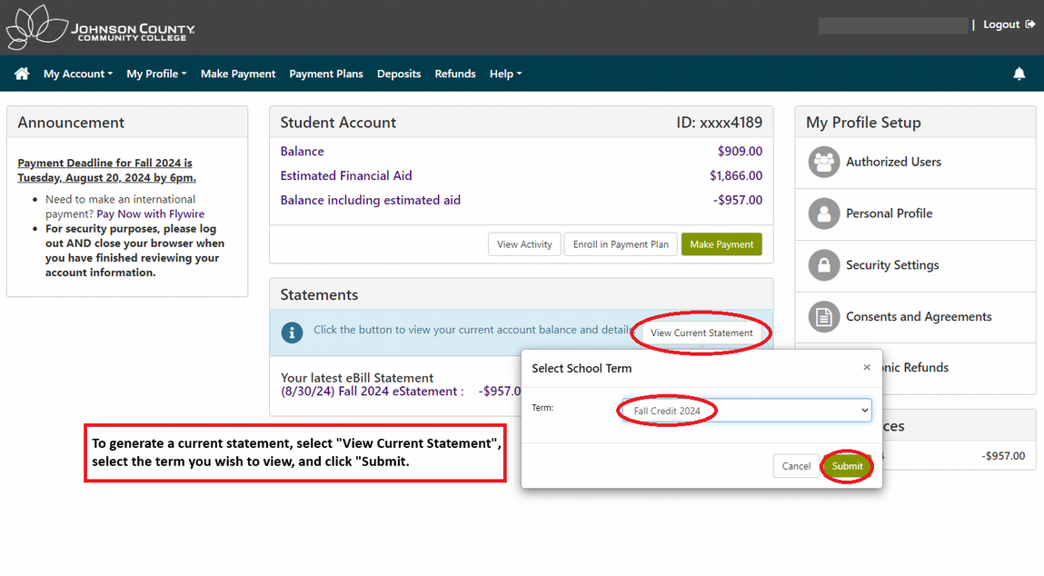 Screen shot of My Finances page showing how to generate a statement