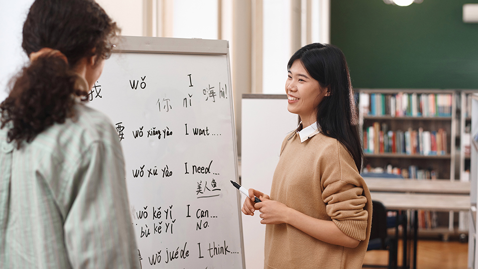 Two students look at a whiteboard with foreign writing.