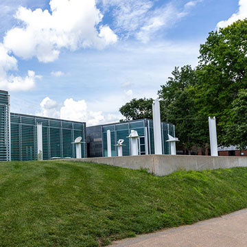 Exterior of Galileo's Pavilion next to the "Galileo's Garden" sculpture