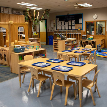 Pre-Kindergarten Classroom, showing different learning areas including manipulative, circle, and the sensory table. 