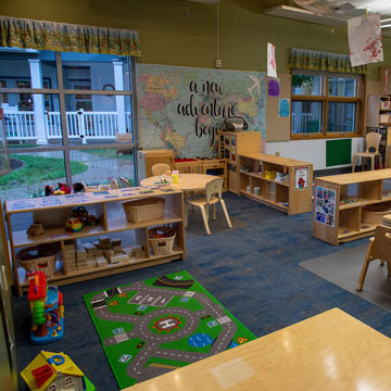 Toddler Classroom, showing the different learning areas including dramatic play, blocks, and child cubbies. 