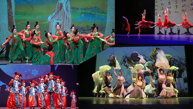 collage of four images of dancers performing on stage in various poses and in traditional costumes