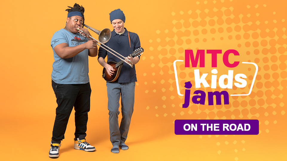Kadesh Flow and Dino O'Dell stand next to each other while playing their instruments. They are positioned next to the words "MTC Kids Jam On the Road"