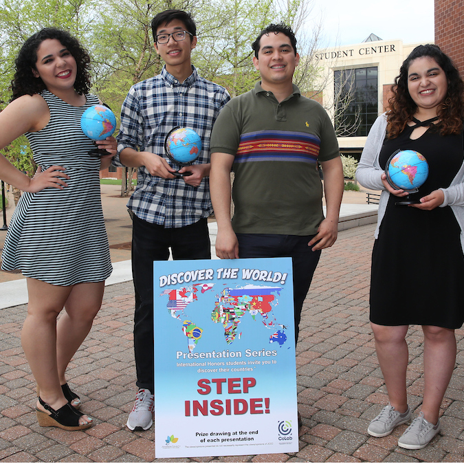 Honors Discover the World presenters, left to right: Angelica C., Melvin S., Lino C.T., and organizer Maria M.